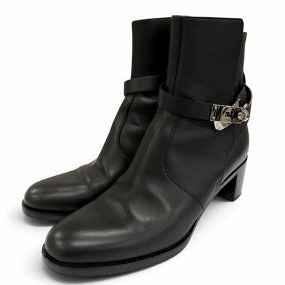 Hermes French 50 Silver Kelly Buckle Leather Short Boots Black