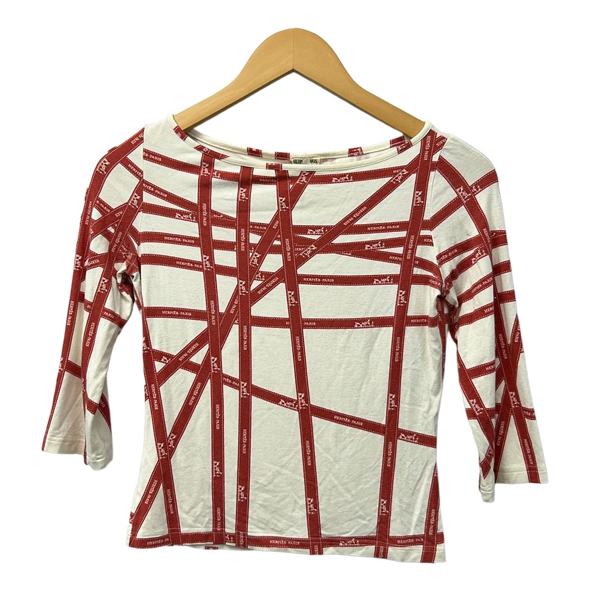 Hermes Three Quarter Sleeve Top Ivory Red Bolduc Ribbon Pattern S
