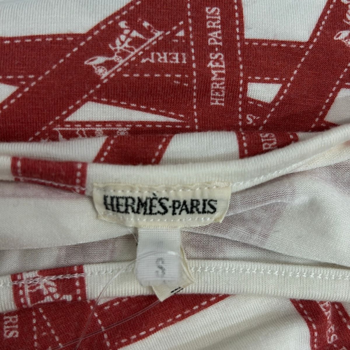 Hermes Three Quarter Sleeve Top Ivory Red Bolduc Ribbon Pattern S — view 3
