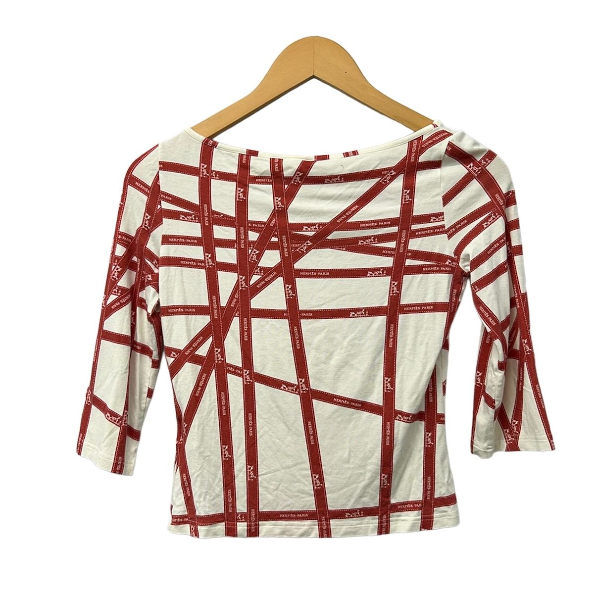 Hermes Three Quarter Sleeve Top Ivory Red Bolduc Ribbon Pattern S — view 2