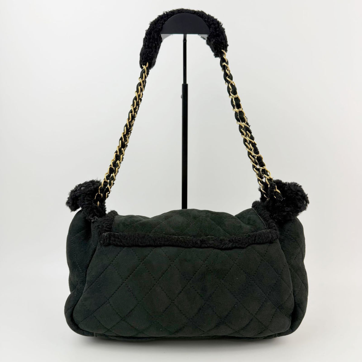 Chanel Quilted CC Logo Chain Shoulder Bag Shearling Suede Black Gold Seal — view 3