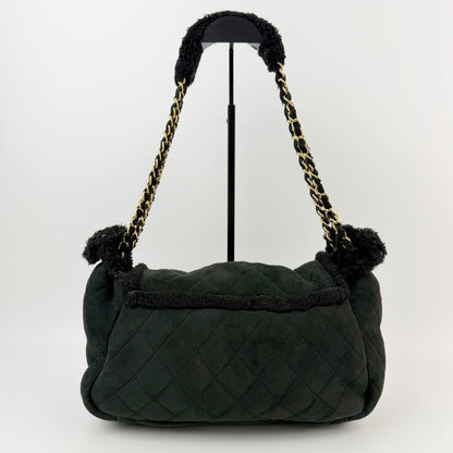 Chanel Quilted CC Logo Chain Shoulder Bag Shearling Suede Black Gold Seal — view 3