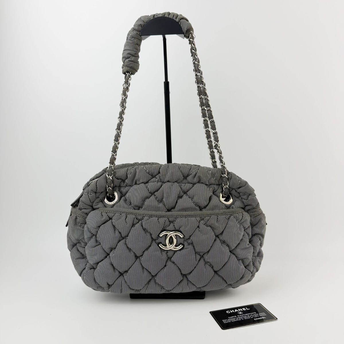 Chanel Bubble Quilt CC Logo Stripe Chain Shoulder Bag Fabric Black White Silver — view 2