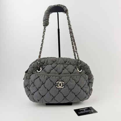 Chanel Bubble Quilt CC Logo Stripe Chain Shoulder Bag Fabric Black White Silver — view 2
