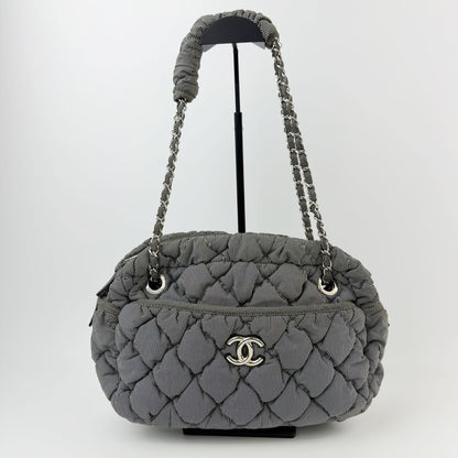 Chanel Bubble Quilt CC Logo Stripe Chain Shoulder Bag Fabric Black White Silver — view 3