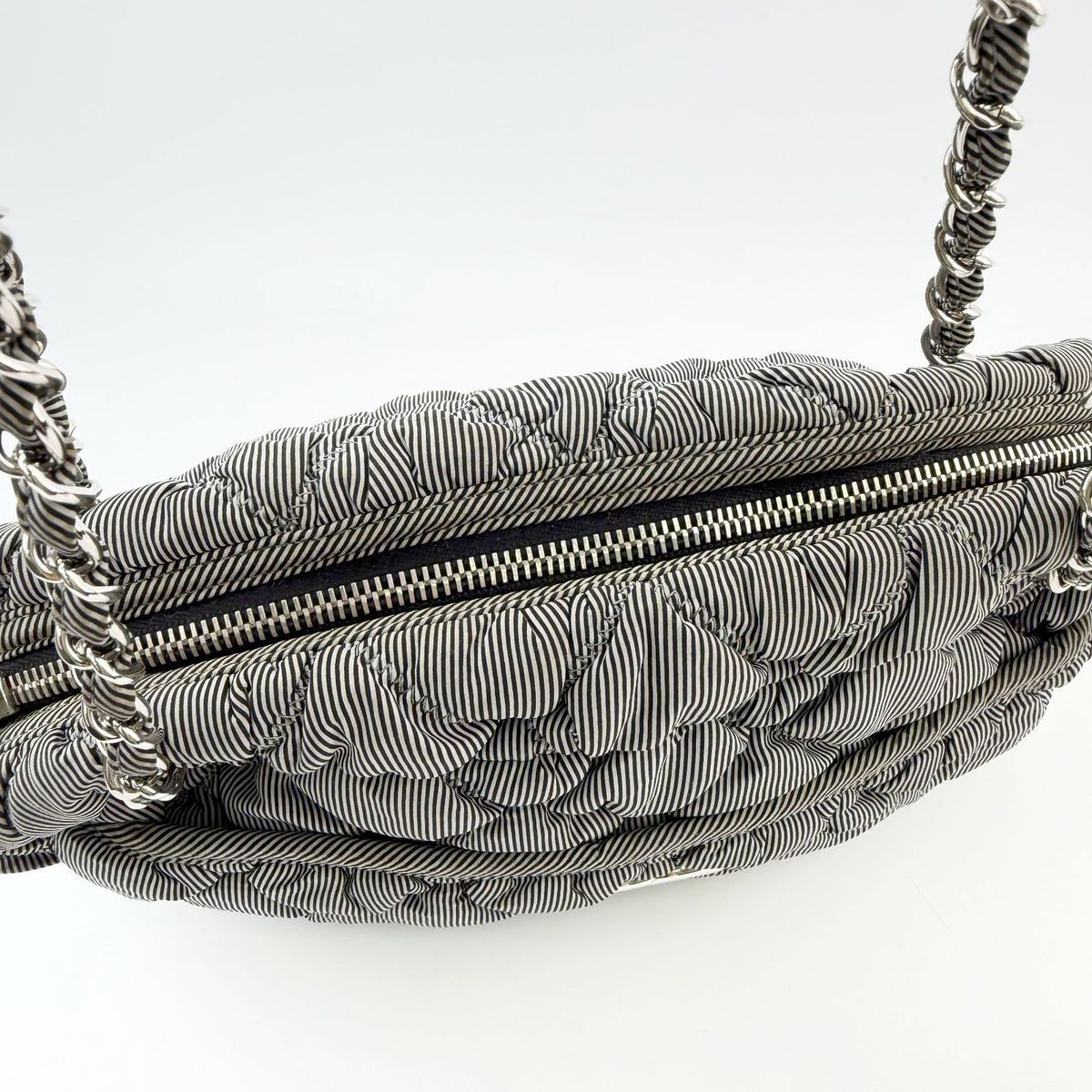 Chanel Bubble Quilt CC Logo Stripe Chain Shoulder Bag Fabric Black White Silver — view 7