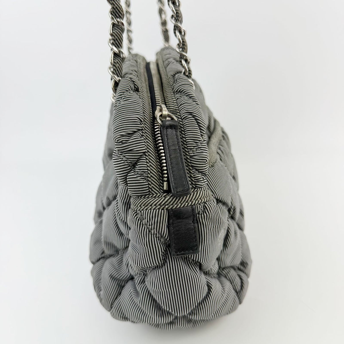 Chanel Bubble Quilt CC Logo Stripe Chain Shoulder Bag Fabric Black White Silver — view 5