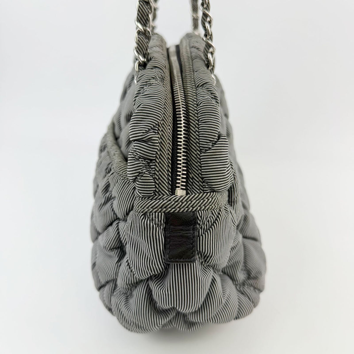 Chanel Bubble Quilt CC Logo Stripe Chain Shoulder Bag Fabric Black White Silver — view 6