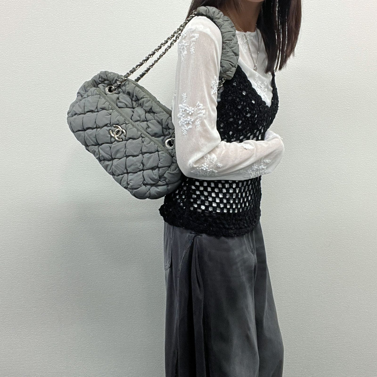 Chanel Bubble Quilt CC Logo Stripe Chain Shoulder Bag Fabric Black White Silver