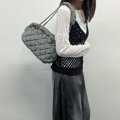 Chanel Bubble Quilt CC Logo Stripe Chain Shoulder Bag Fabric Black White Silver