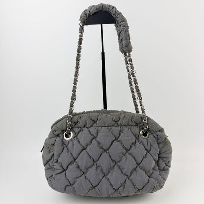 Chanel Bubble Quilt CC Logo Stripe Chain Shoulder Bag Fabric Black White Silver — view 4