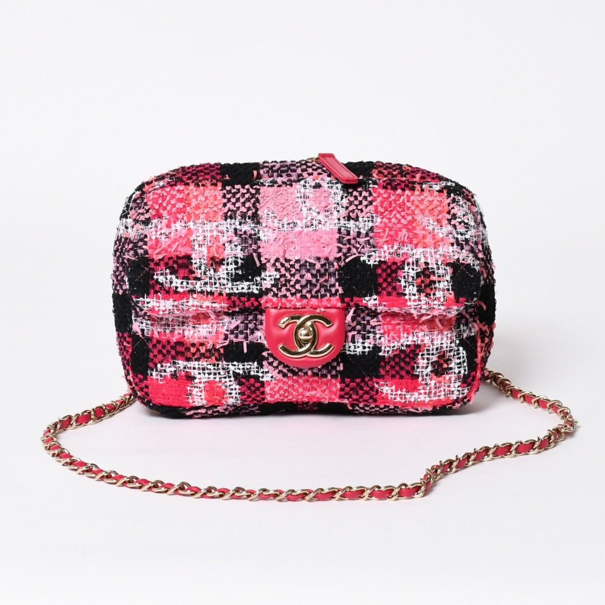 Chanel Coco Beach 2-Way Chain Shoulder Bag Tweed Sequin CC Logo Pink Black