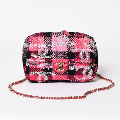 Chanel Coco Beach 2-Way Chain Shoulder Bag Tweed Sequin CC Logo Pink Black