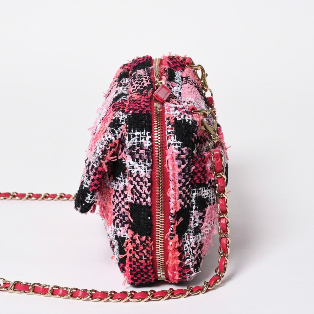 Chanel Coco Beach 2-Way Chain Shoulder Bag Tweed Sequin CC Logo Pink Black — view 4