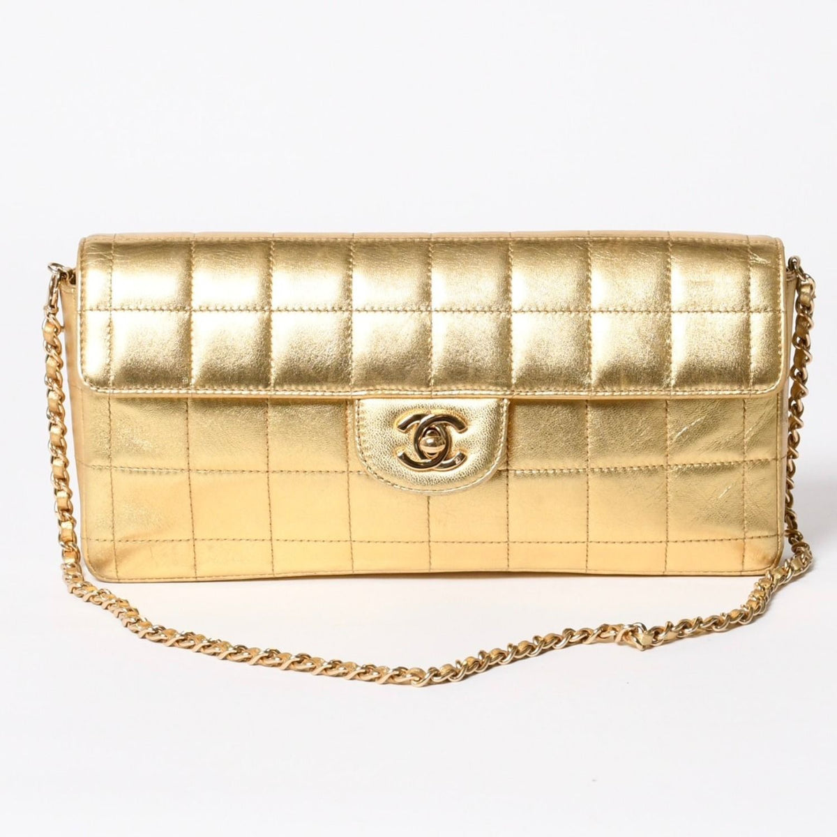 Chanel Choco Bar East West Chain Shoulder Bag Lambskin Gold