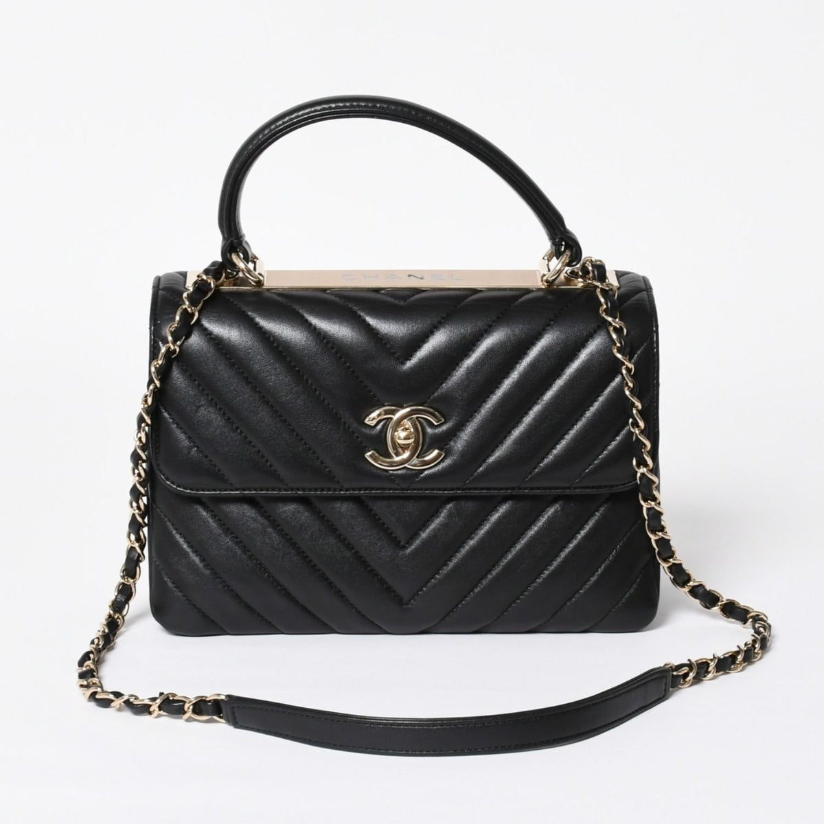 Chanel Chevron Top Handle 2-Way Bag CC Logo Lambskin Black Gold