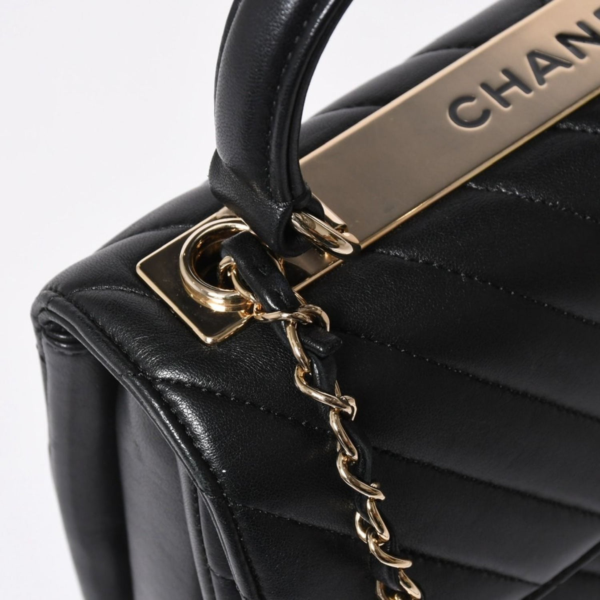 Chanel Chevron Top Handle 2-Way Bag CC Logo Lambskin Black Gold — view 6