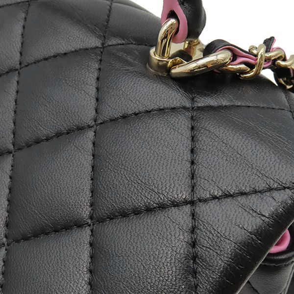 Chanel Shoulder Bag Quilted Top Handle Mini Leather Black Pink Gold Chain — view 6