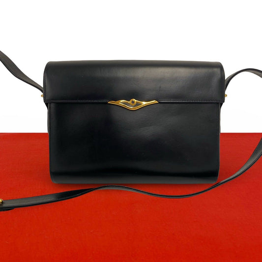 Cartier Vintage Saffiano Line Leather 2-Way Shoulder Bag Pochette Black