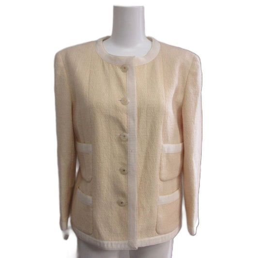 Chanel 02P Collarless Tweed Jacket CC Logo Button L Ivory 40