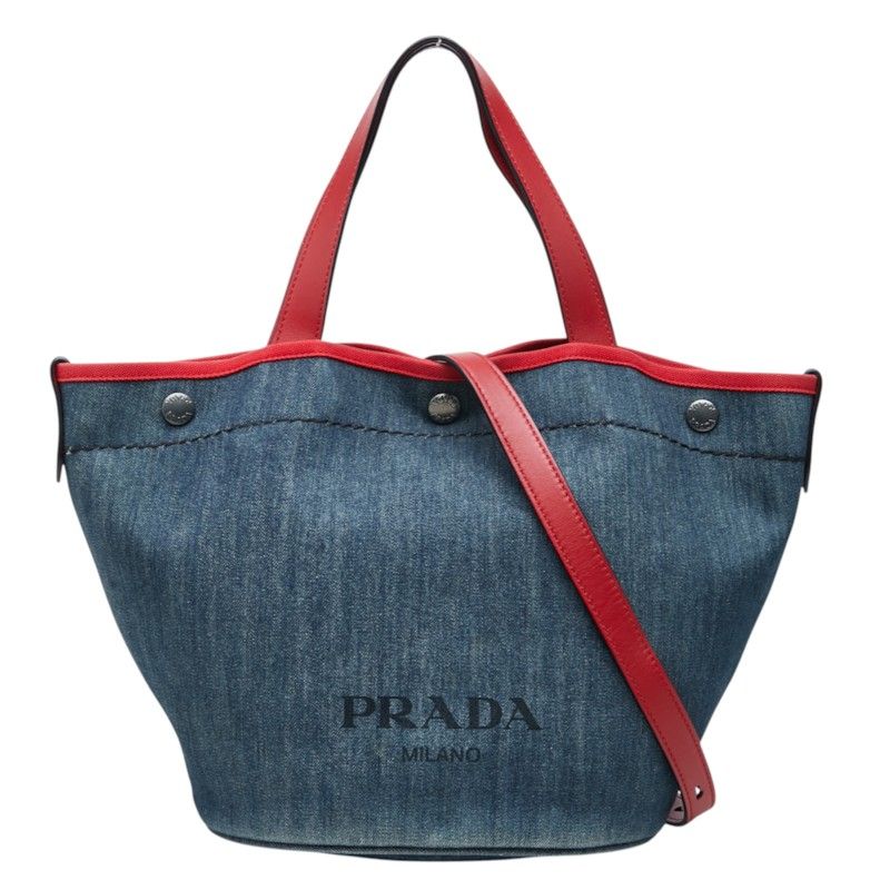 Prada Tote Shoulder Bag 2-Way Bucket Shape Indigo Red Denim Leather