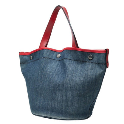 Prada Tote Shoulder Bag 2-Way Bucket Shape Indigo Red Denim Leather — view 2