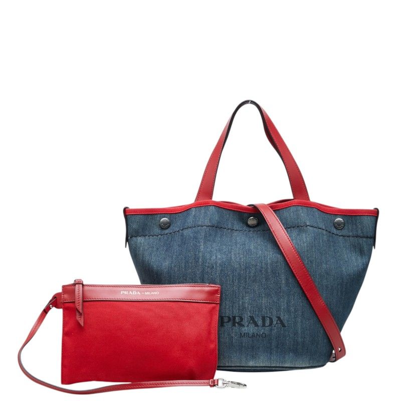 Prada Tote Shoulder Bag 2-Way Bucket Shape Indigo Red Denim Leather — view 8