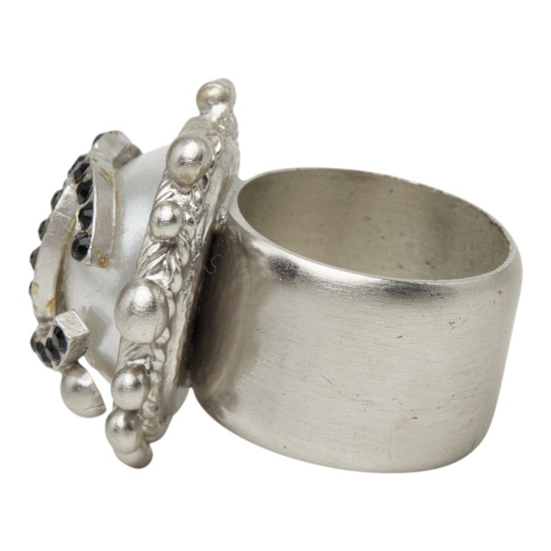 Chanel CC Logo Ring 02C Silver Black Metal Faux Pearl — view 3