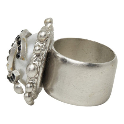 Chanel CC Logo Ring 02C Silver Black Metal Faux Pearl — view 3