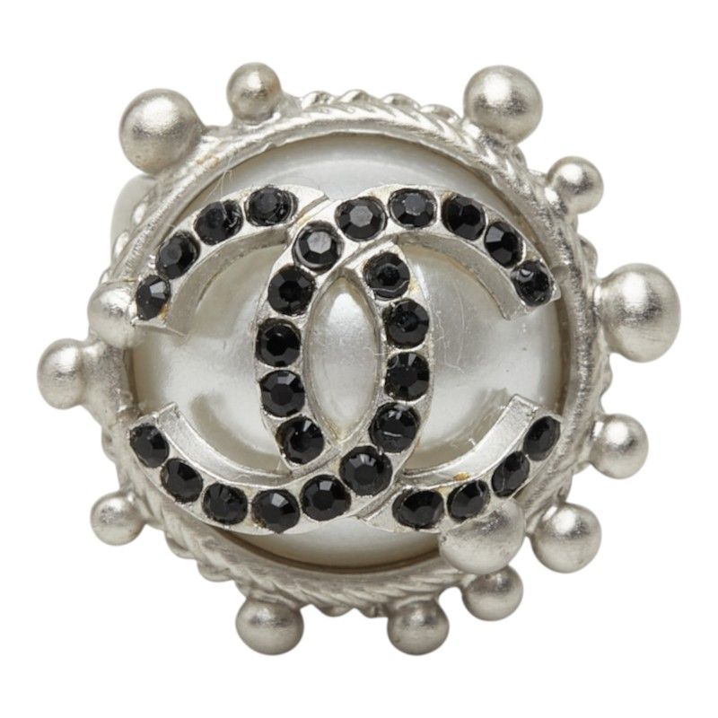 Chanel CC Logo Ring 02C Silver Black Metal Faux Pearl