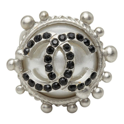 Chanel CC Logo Ring 02C Silver Black Metal Faux Pearl