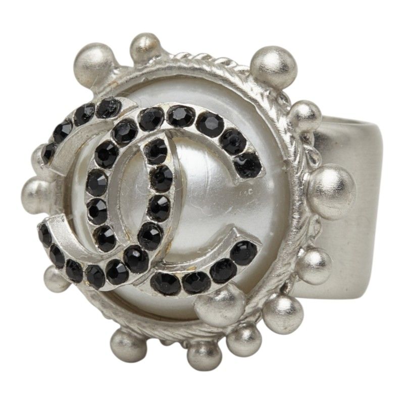 Chanel CC Logo Ring 02C Silver Black Metal Faux Pearl — view 2