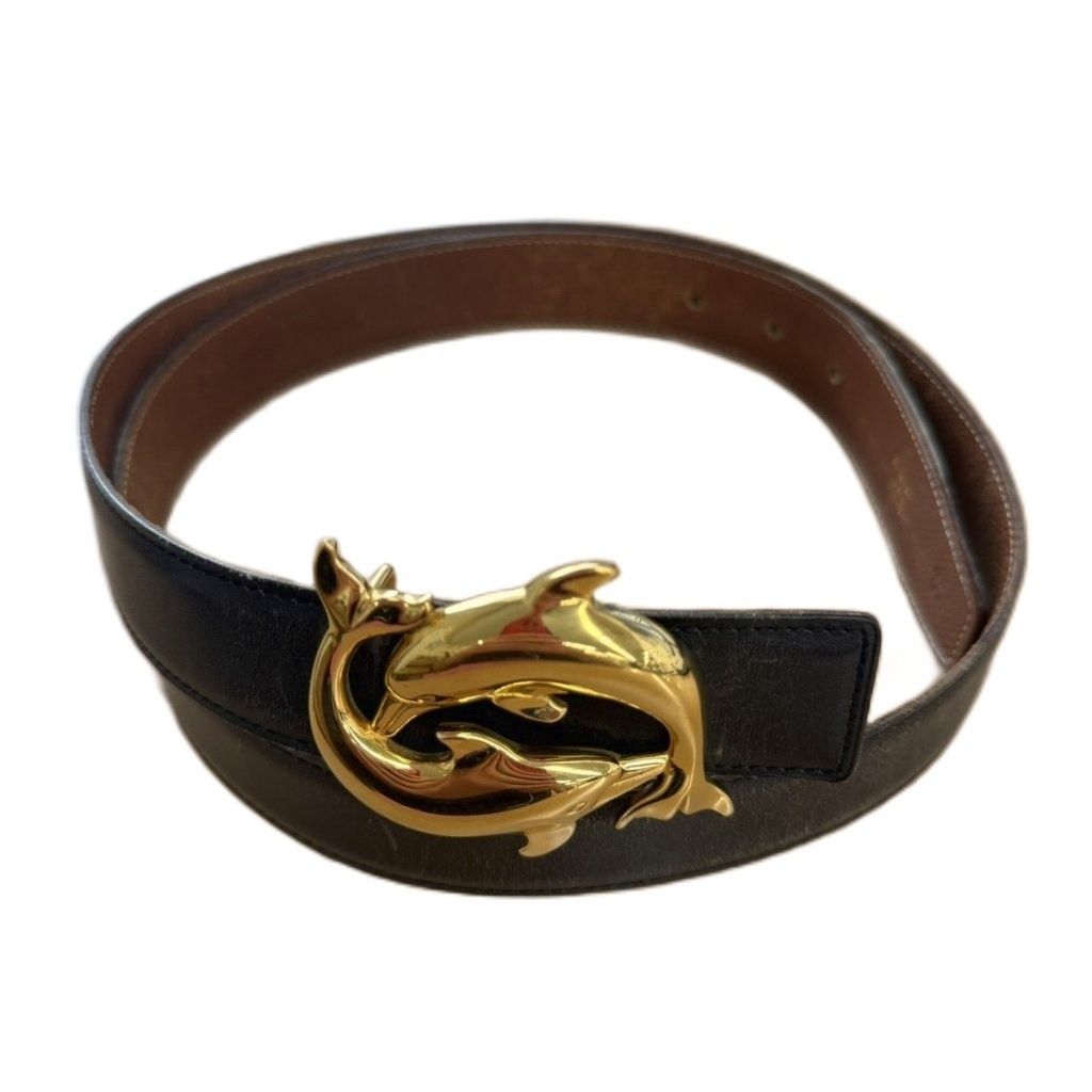 Hermes Vintage Belt Leather Buckle Dolphin Gold 95 Black