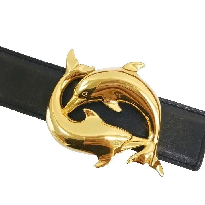 Hermes Vintage Belt Leather Buckle Dolphin Gold 95 Black — view 6