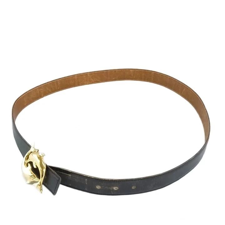 Hermes Vintage Belt Leather Buckle Dolphin Gold 95 Black — view 2