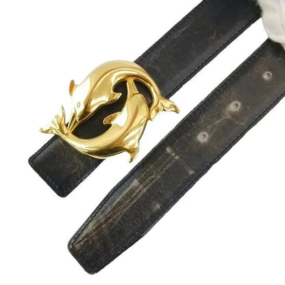 Hermes Vintage Belt Leather Buckle Dolphin Gold 95 Black — view 3