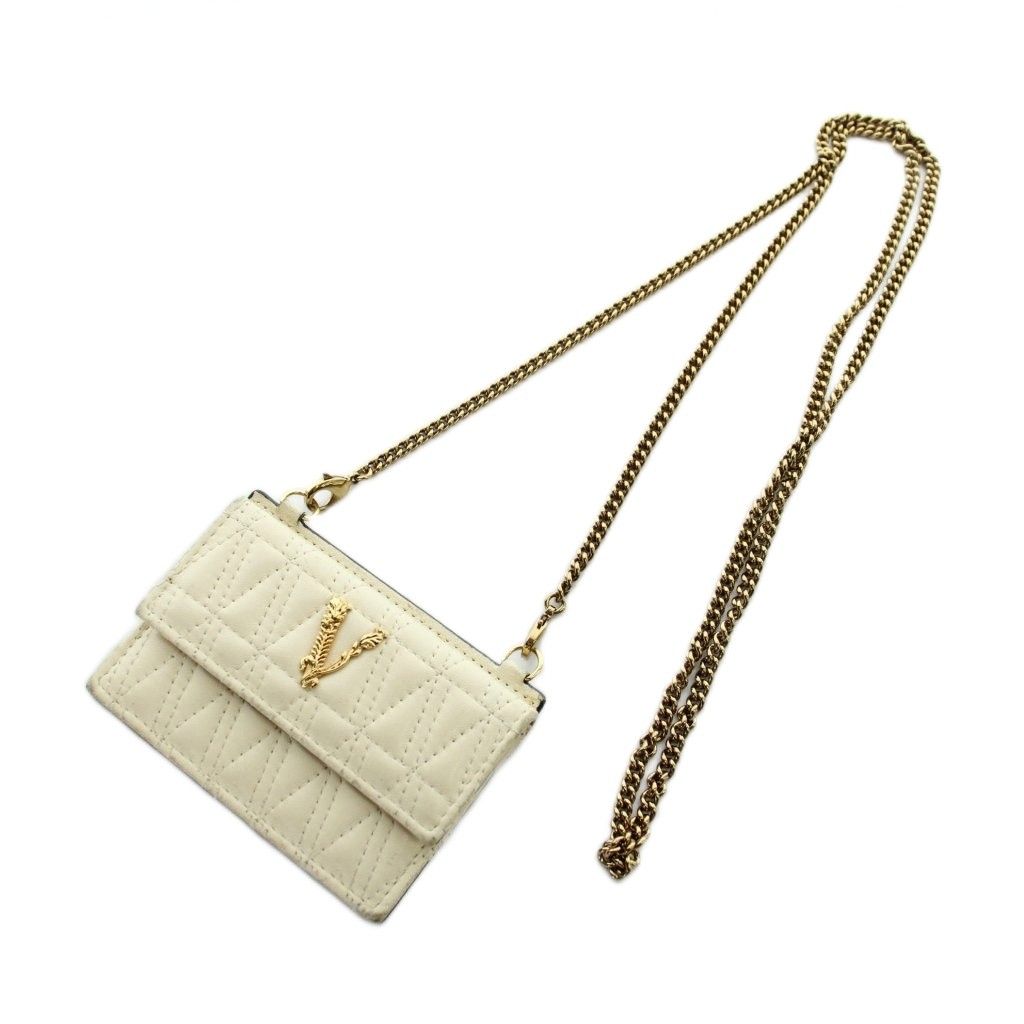 Versace Virtus Chain Card Case Leather Logo Quilted Ivory