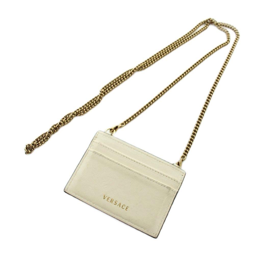Versace Virtus Chain Card Case Leather Logo Quilted Ivory — view 2