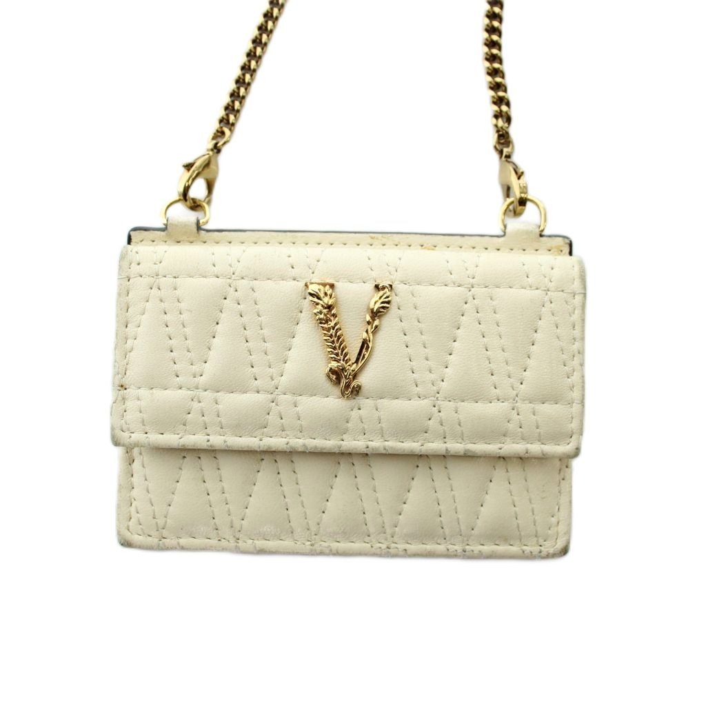 Versace Virtus Chain Card Case Leather Logo Quilted Ivory — view 3