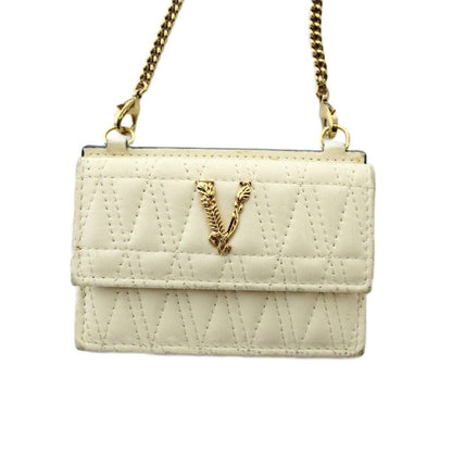 Versace Virtus Chain Card Case Leather Logo Quilted Ivory — view 3