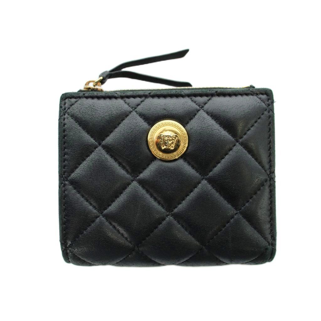 Versace Bifold Wallet Logo Leather Medusa Quilted Black