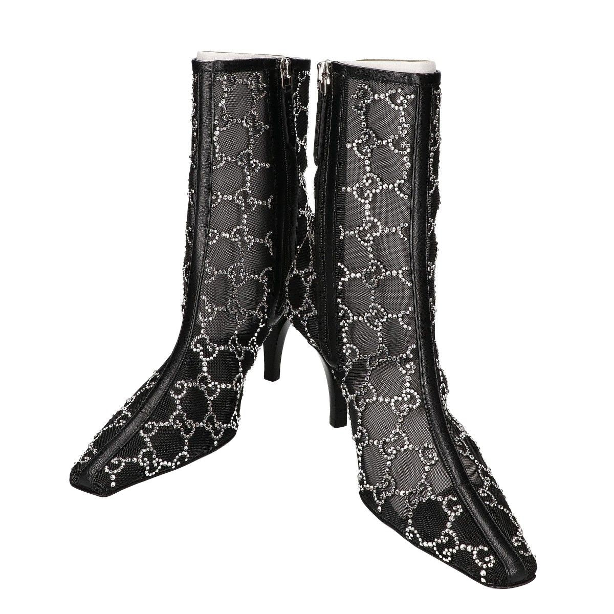 Gucci GG Crystal Black Mesh Motif Ankle Boots Monogram