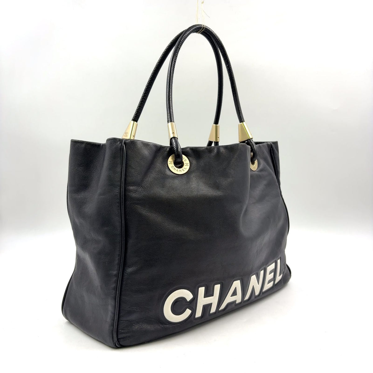 Chanel Camellia Logo Lambskin Black Tote Bag Gold — view 2