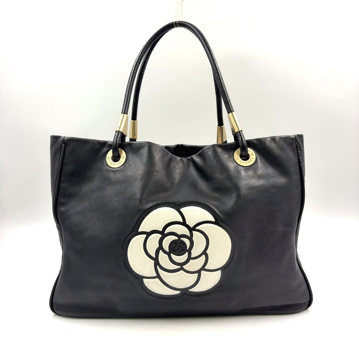 Chanel Camellia Logo Lambskin Black Tote Bag Gold