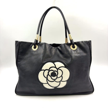 Chanel Camellia Logo Lambskin Black Tote Bag Gold