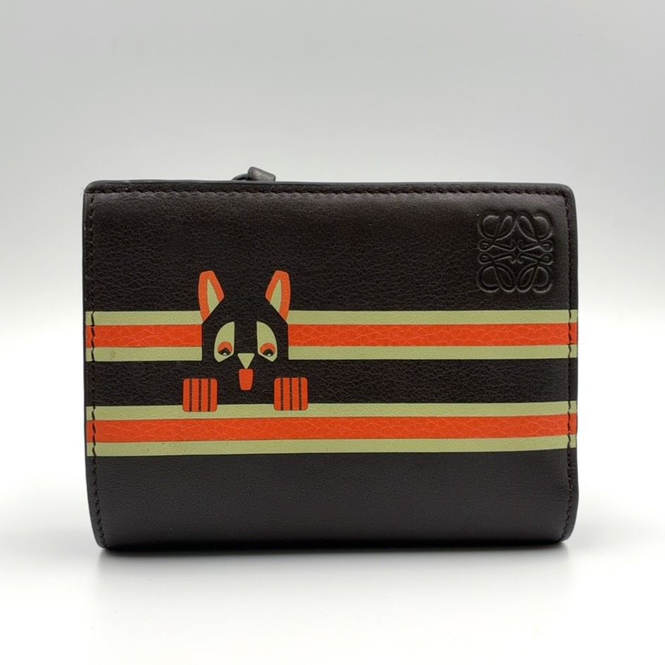 Loewe Futurist Cat Compact Leather Orange Dark Brown Wallet Silver