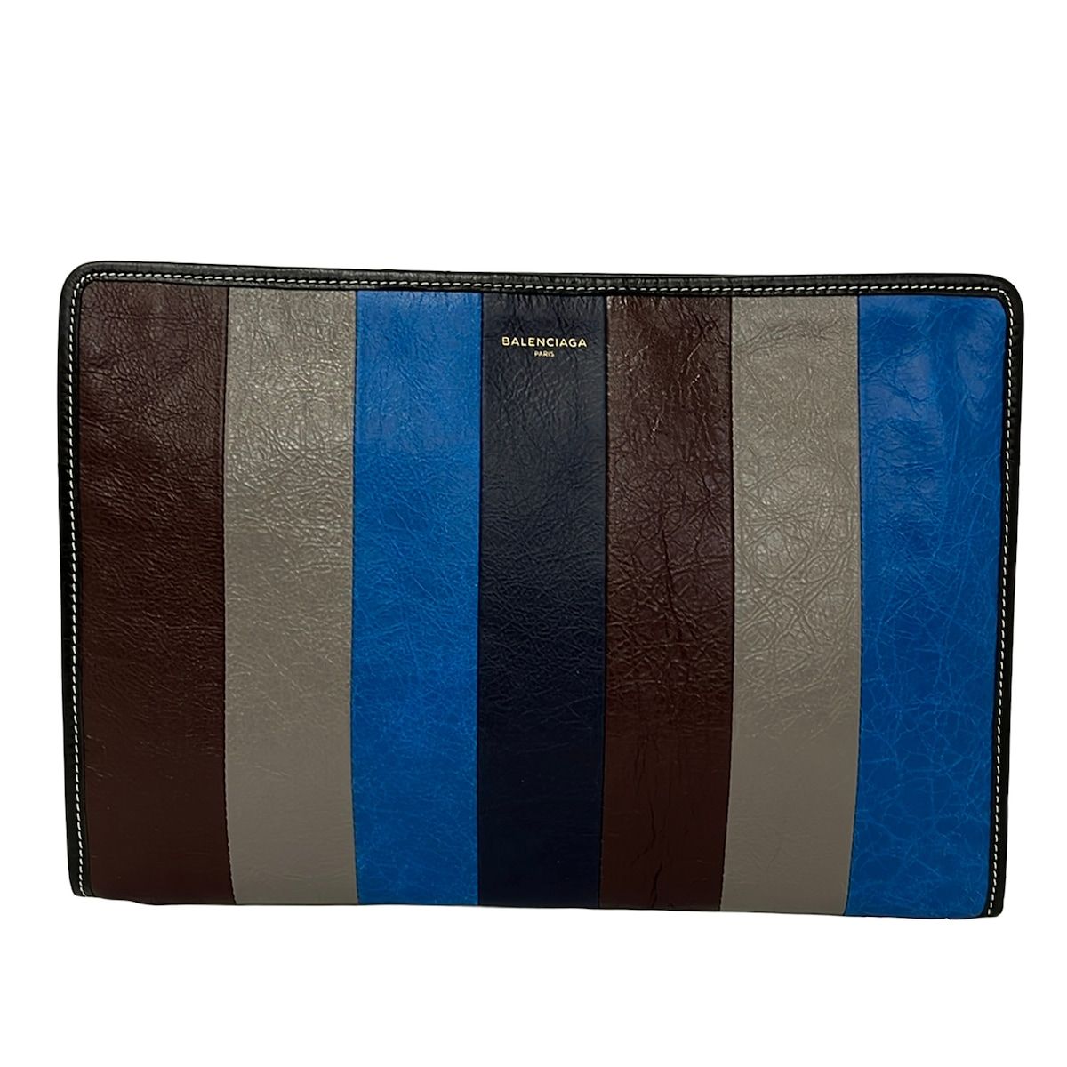 Balenciaga Clutch Bazaar Pouch Brown Gray Blue Multi Stripe Leather