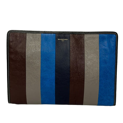 Balenciaga Clutch Bazaar Pouch Brown Gray Blue Multi Stripe Leather
