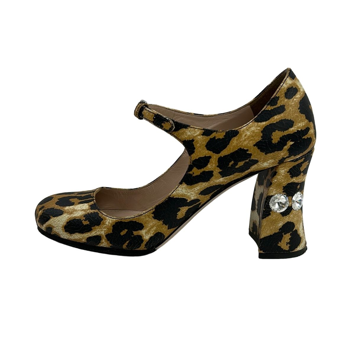 Miu Miu Pumps Dark Brown Light Clear Leopard Print Rhinestone Leather Heels