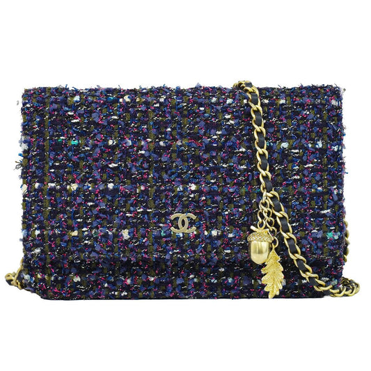 Chanel CC Logo Chain Wallet on Pochette Tweed Navy Multicolor Shoulder Bag